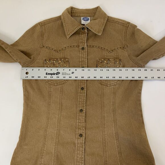 DG2 Denim Jacket Shacket M Snap Button Tan Embellished Flap Pocket Western Rodeo - Picture 6 of 10